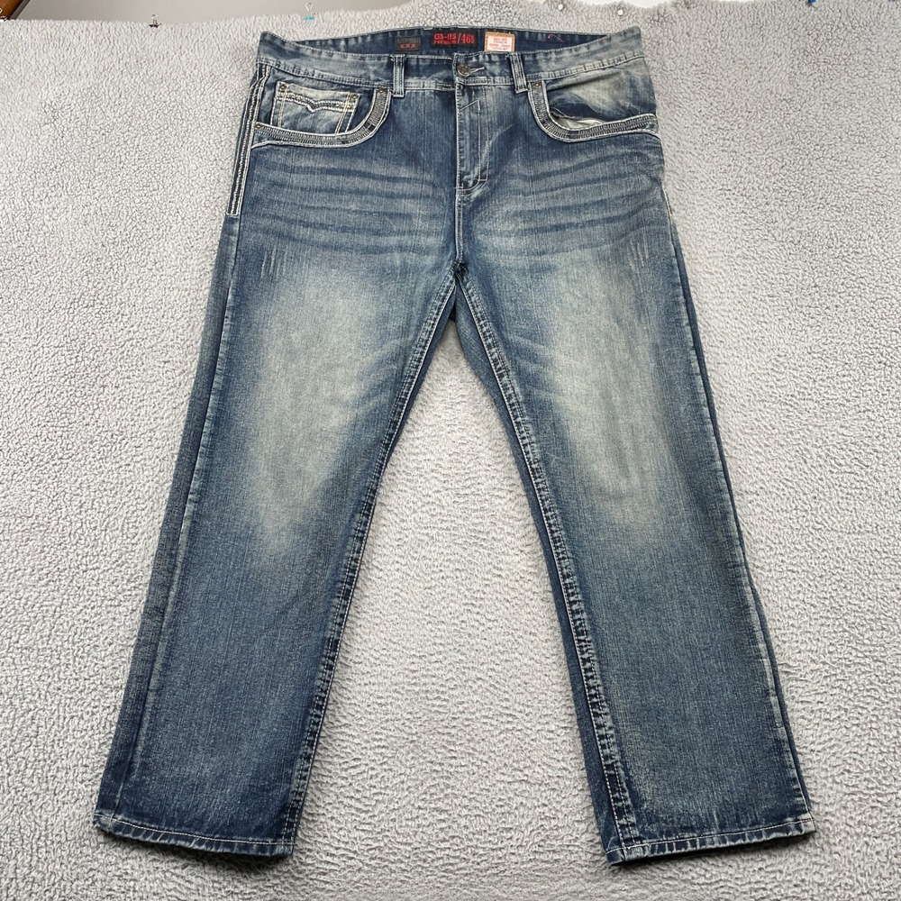 GS-115 Jeans Mens 46 Blue Premium Straight Leg Contrast Stitch Streetwear Denim